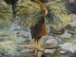 Barefoot girl standing in real mud. Original painting by Brian Willis