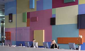 BBC Media Centre reception with mural by Yuko Shiraishi