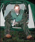 Chris Mullins in his tent.