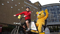 Matt Baker with Pudsey on his Rickshaw Challenge