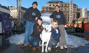 Serious Arctic explorers Matthew Johnson, Jennielyn Musk and Fabian Rivers with CBBC presenter Fearne Cotton and Storm the dog in front of the CBBC ice igloo in Trafalgar Square