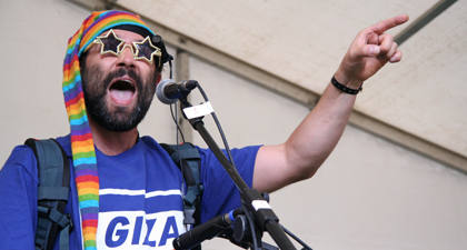 Adam Buxton slams it to the Hub tent crowds...