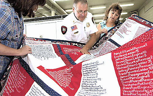 every name of the firefighers who fell that day are remembered in the quilt