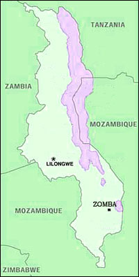 Map of Malawi showing Zomba
