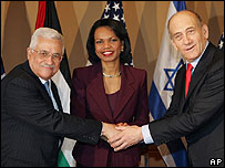 Abbas, Rice e Olmert em Jerusalém 