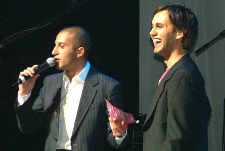 Adil Ray shares a joke with DJ Swami 