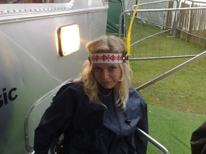 Lisa in Native American wet weather gear