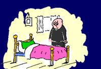 Father Coyle watching as the blankets rise and fall on an empty bed, as if someone underneath is breathing.  Cartoon by Brian Willis.
