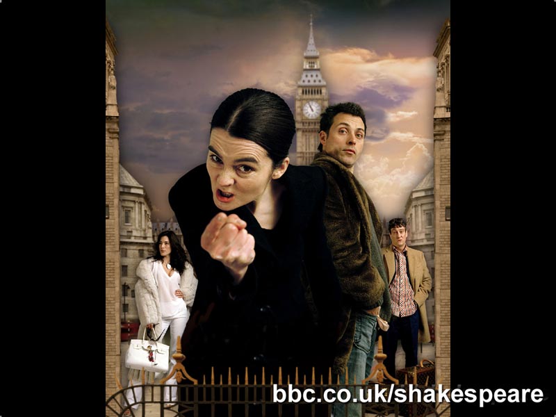 Left to right - Jaime Murray as Bianca Minola, Shirley Henderson as Kate Minola, Rufus Sewell as Petruchio and Stephen Tompkinson as Harry.