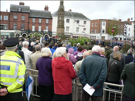 Crowds gather around the war memorial in Hereford for Remembrance Sunday 2008