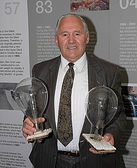 John Cousins of Annalong - May 2006 holding original light-blulbs from the Silent Valley works...   which was the first street lighting in Northern Ireland.
