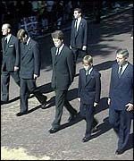 Prince Harry joins other family members in the procession at Princess Diana's funeral