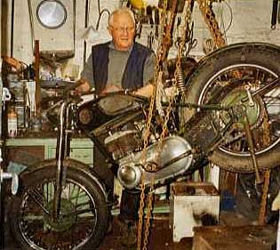Willie Hutchinson at work on the 1945 Triumph.