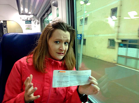 Jen on a train