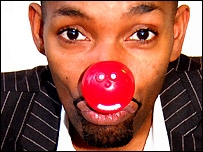 Des Coleman with a red nose