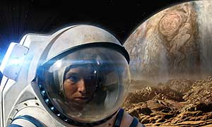 Zoe Lessard (played by Joanne McQuinn) stepping out onto the surface of Io, Jupiter's volcanic moon