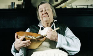 Clarissa Dickson-Wright with mixing bowl