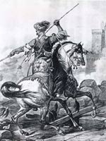 Turbanned man on a prancing horse, holding pistol and spear