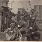 "The Flag Deck Tea Party".  Len, arrowed with shipmates on HMS Thruster.