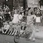 The children of Calton Avenue, Liverpool,in fancy dress for the V.E. Day street party.  I am dressed as Britannia, on the extreme right of the photograph.