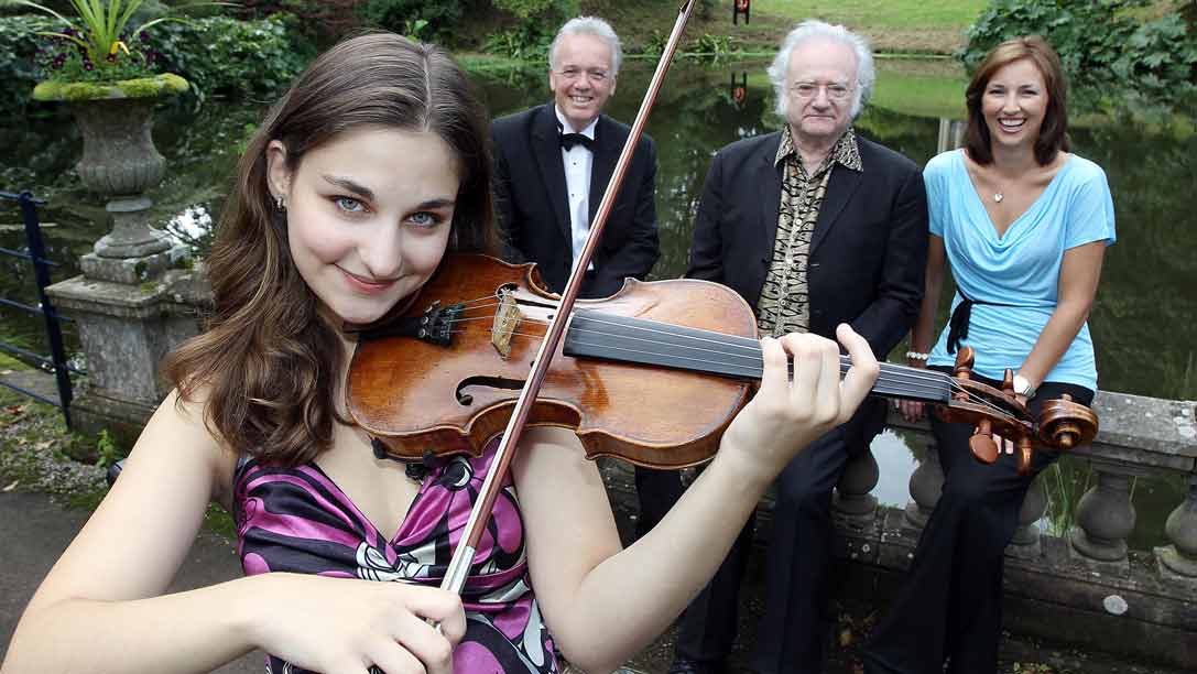 Russian-born violinist Alexandra Soumm, BBC Proms in the Park presenter Noel Thompson, world renowned conductor/composer Carl Davis and BBC Proms in the Park presenter Claire McCollum         ©William Cherry / Presseye