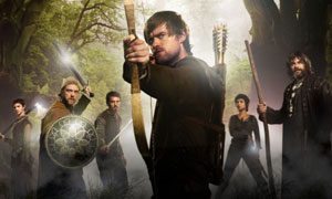 (L-R) Harry Lloyd as Will, Sam Troughton as Much, Joe Armstrong as Allan A Dale, Jonas Armstrong as Robin Hood, Anjali Jay as Djaq and Gordon Kennedy as Little John in Robin Hood