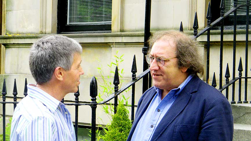 Bruce Durie recording outside 1 Claremont Terrace with current owner Peter Gallacher.