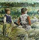 Boy and woman working at a dam