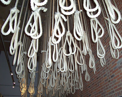 Over 120 nooses hang from the ceiling, representing all the noted executions of anti-apartheid defenders