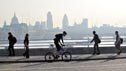 Commuters walking across Waterloo Bridge during the morning rush hour