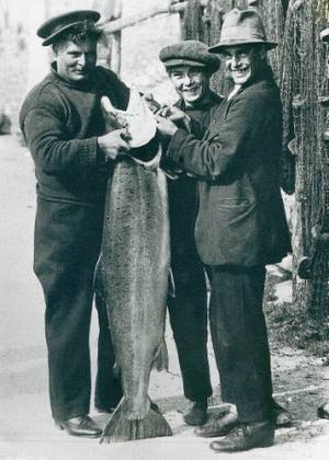 This beauty was caught by Dick Voysey (in the flat cap) at the mouth of the River Exe in 1924