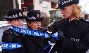 Rosie Cavaliero as PC Sally Frank, Michelle Gomez as PC Sally Bobbins and Leigh Zimmerman as Sergeant Beesley