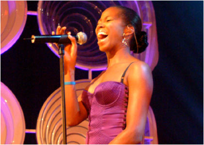 Jamelia on stage at the R1 / TOTP Christmas Party