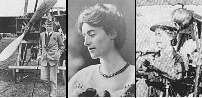 LEFT: Harry Ferguson - the first man in Ireland to make a powered flight. On 31st December 1909, at Hillsborough, Co.Down, he travelled 130 yards in a monoplane he had built himself from plans in a magazine. Affectionately known as the 'mad mechanic', he is better known for his innovations in the design and development of agricultural machinery. --- CENTRE: Lilian Bland - the first woman in the world to fly, after designing and building a 'flying machine' Mayfly, which flew a quarter of a mile --- RIGHT: Lilian Bland in 'Mayfly'