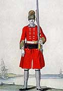 Image of soldier in a red coat and carrying a rifle from the 18th century