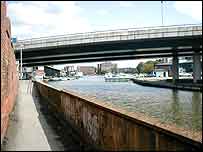 Looking back at the Brayford Pool  and bridge going over the start of the canal.