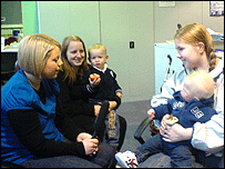 Alison speaking to mums Lauren and Tiffany