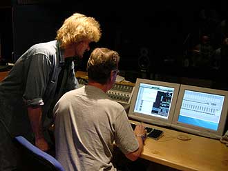 Dirk Maggs (Director) and Paul Deeley (Sound Engineer) listen to the recordings
