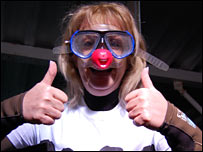 Sue Sweeney wearing goggles and red nose
