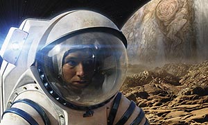 Zoe Lessard (Joanne McQuinn) steps out onto the surface of Io, Jupiter's volcanic moon (computer-generated image)