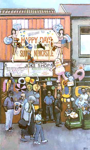 Postcard featuring Richard Croft's painting of 'Happy Days in Sunny Newcastle'