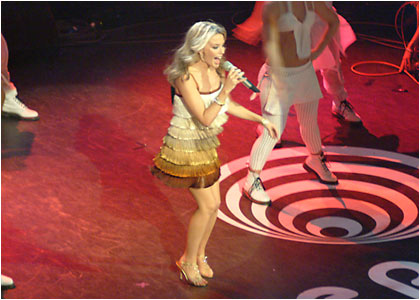 Kylie on stage at the R1 / TOTP Christmas Party