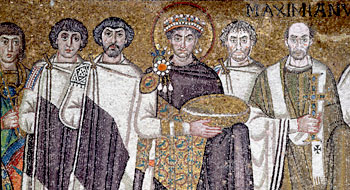 Justinian I and his retinue, mosaic detail of the emperor, c. 547 AD