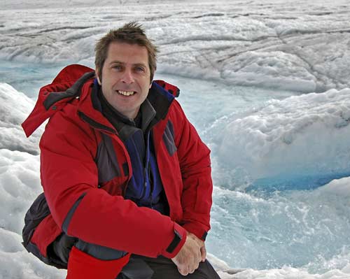 Dr Iain Stewart at a moulin on Jakobshavn glacier, Greenland