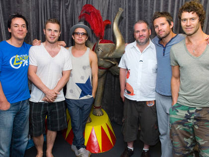 Take That, Chris and Dave and the Circus Tour elephant pose for a 'formal' shot.