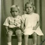 Kay with her younger brother wondering "Who is our Daddy?" during the Second World War.  Photo taken 1945.