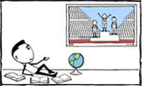 Male cartoon character on podium