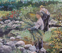 Putting flax in dam for 'retting'. Painting by Brian Willis.