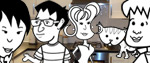 The flatmates and the cat in the kitchen