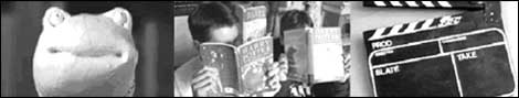 bookworm, boy reading Harry Potter  and film slate-board
